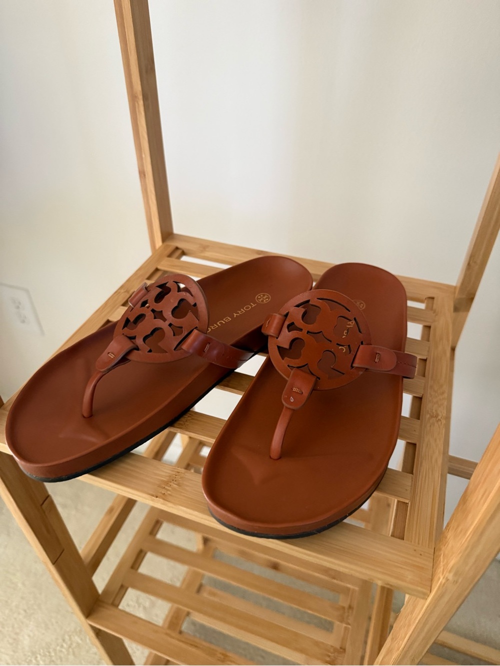 Tory Burch Brown Leather Logo Thong Sandals
